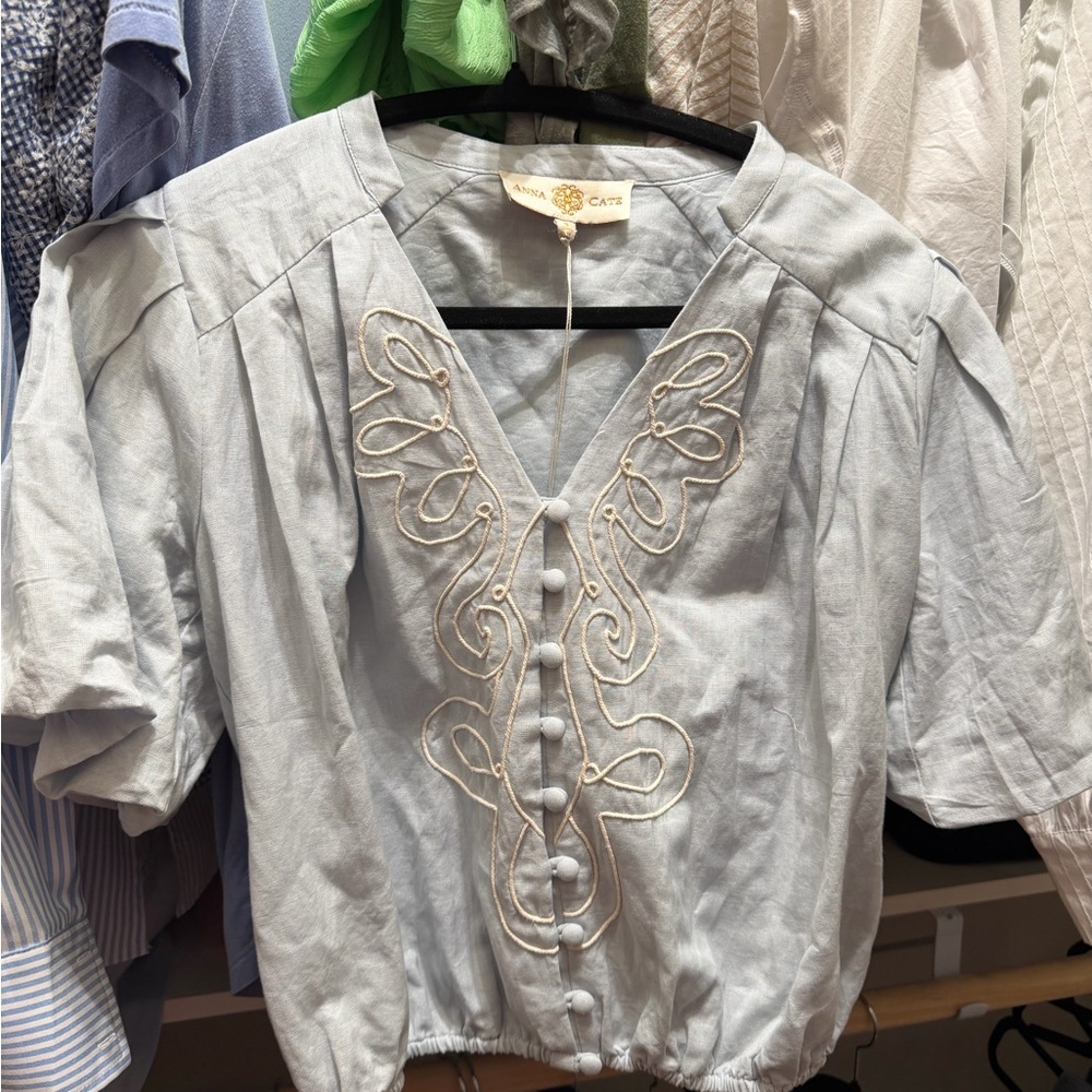 Light Blue Embroidered Button-Front Women's Blouse by Anna Cate